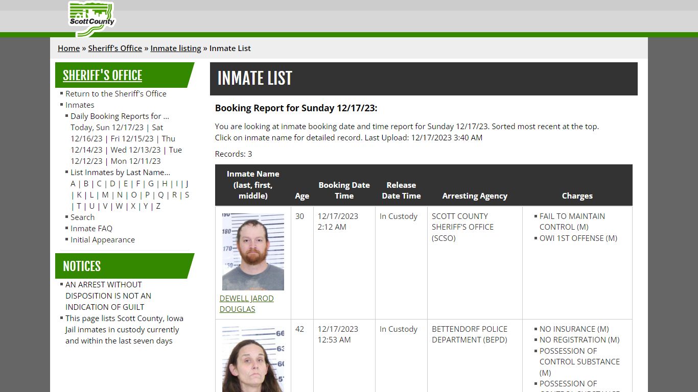 Inmate List - Scott County, Iowa